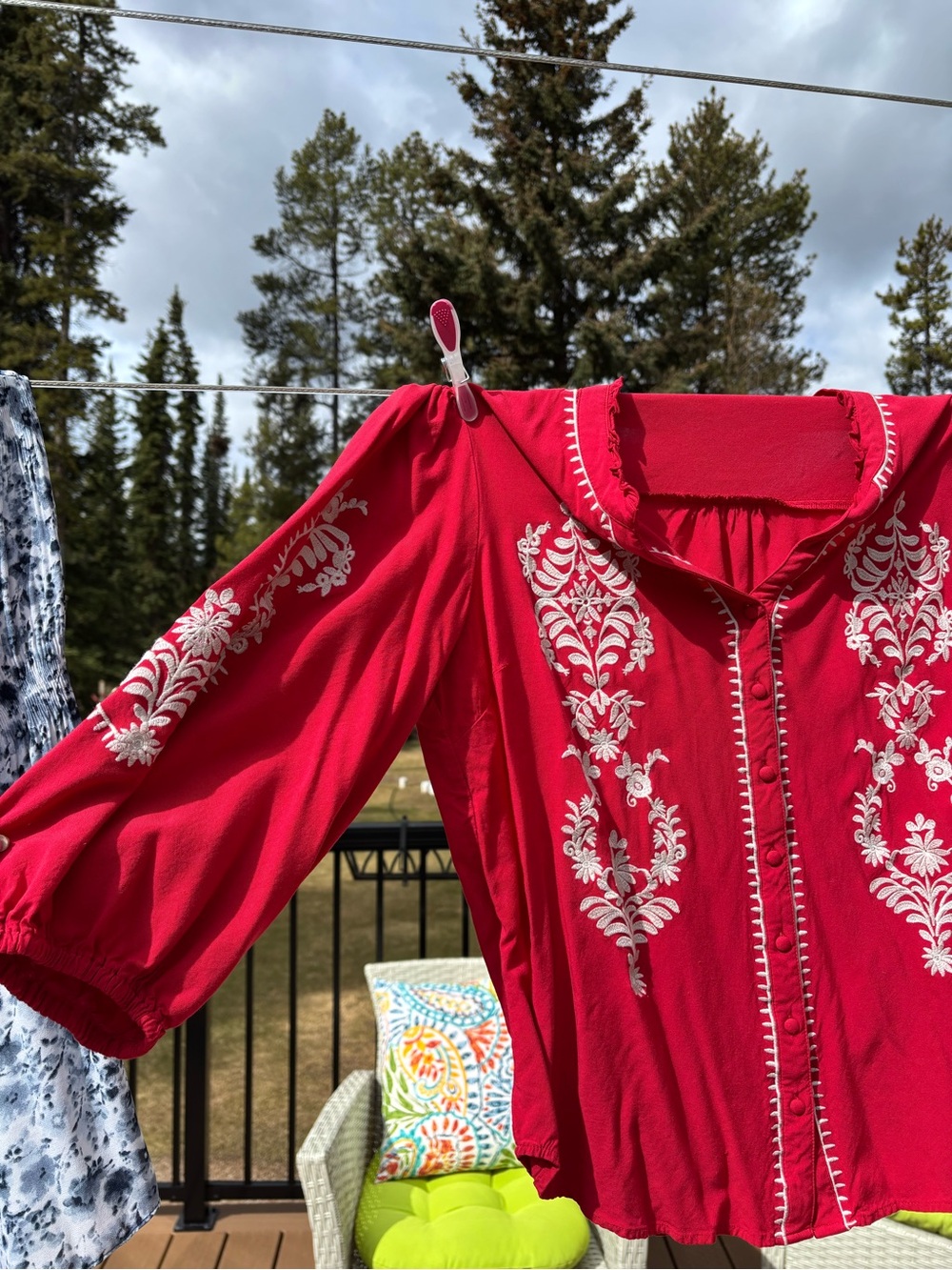 cleo Bright Red Blouse with White Embroidery